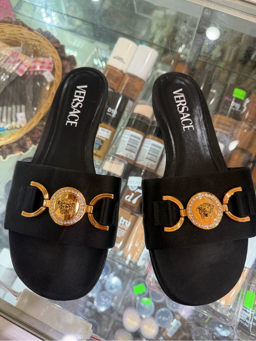 Versace Black Slide Sandals with Gold Medusa Emblems